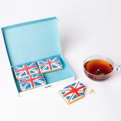 Union Jack gingerbread biscuits in the Twist gift box with a cup of tea