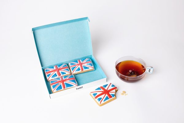 Union Jack gingerbread biscuits in the Twist gift box with a cup of tea