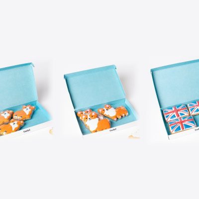 Three Twist gift boxes of hand-iced gingerbread biscuits: King Corgi, Princess Corgi and Union Jack