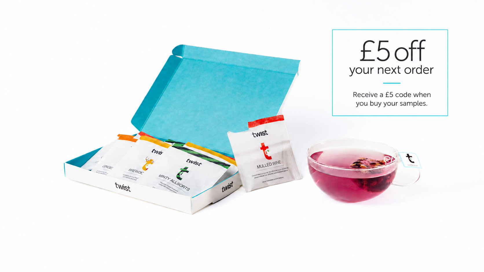 Pick & Mix sample box with teabags and a cup of tea. £5 off your next order: receive a £5 code when you buy your samples.