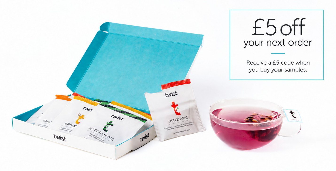 Twist sample box with three pyramid teabags and a cup of tea: £5 off your next order