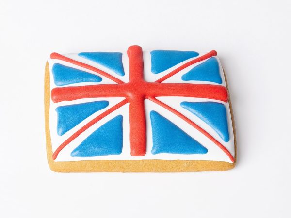 A handmade, hand-iced Union Jack gingerbread biscuit