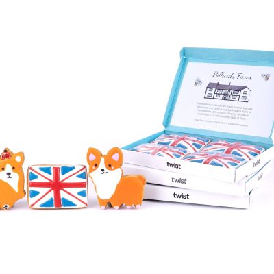 Hand-iced corgi and Union Jack gingerbread biscuits in front of three Twist biscuit boxes