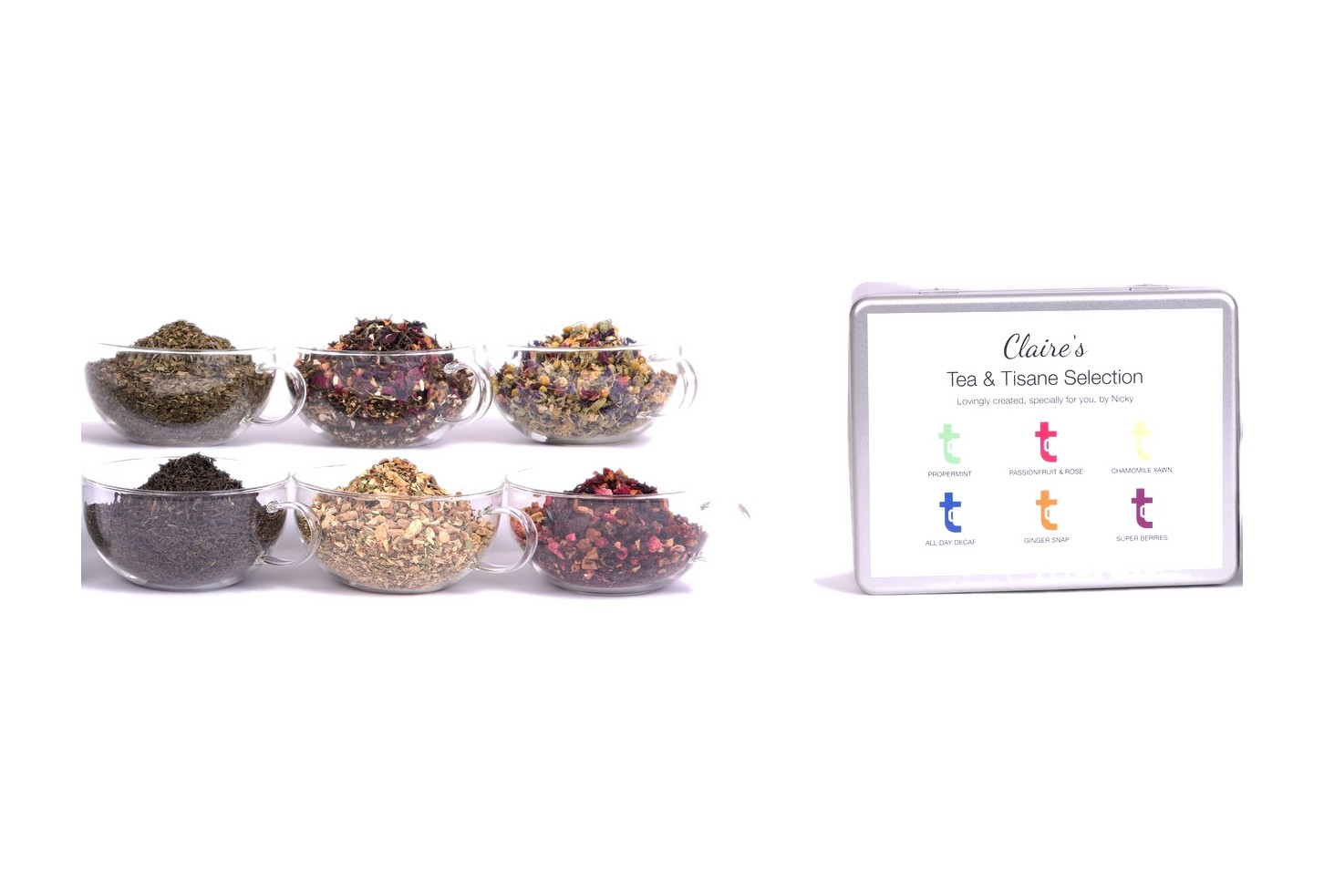 Six glass bowls of loose leaf tea beside a personalised six section caddy