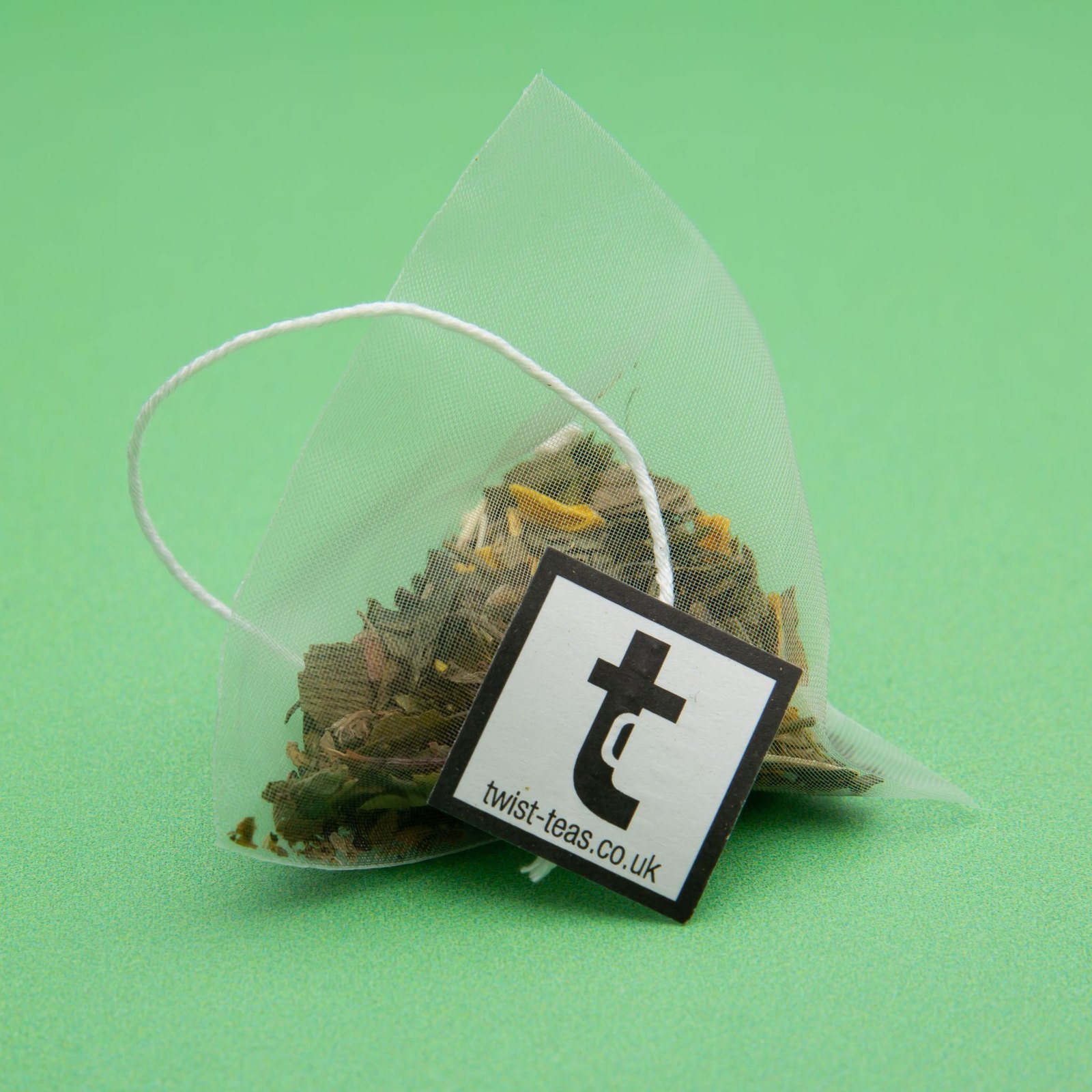 A Twist pyramid teabag, plastic free and biodegradable
